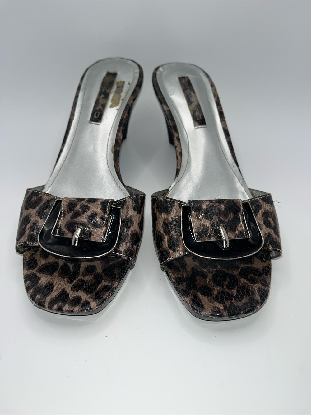 Bandolino Leopard Print Buckle Slide Mules in Brown and Black